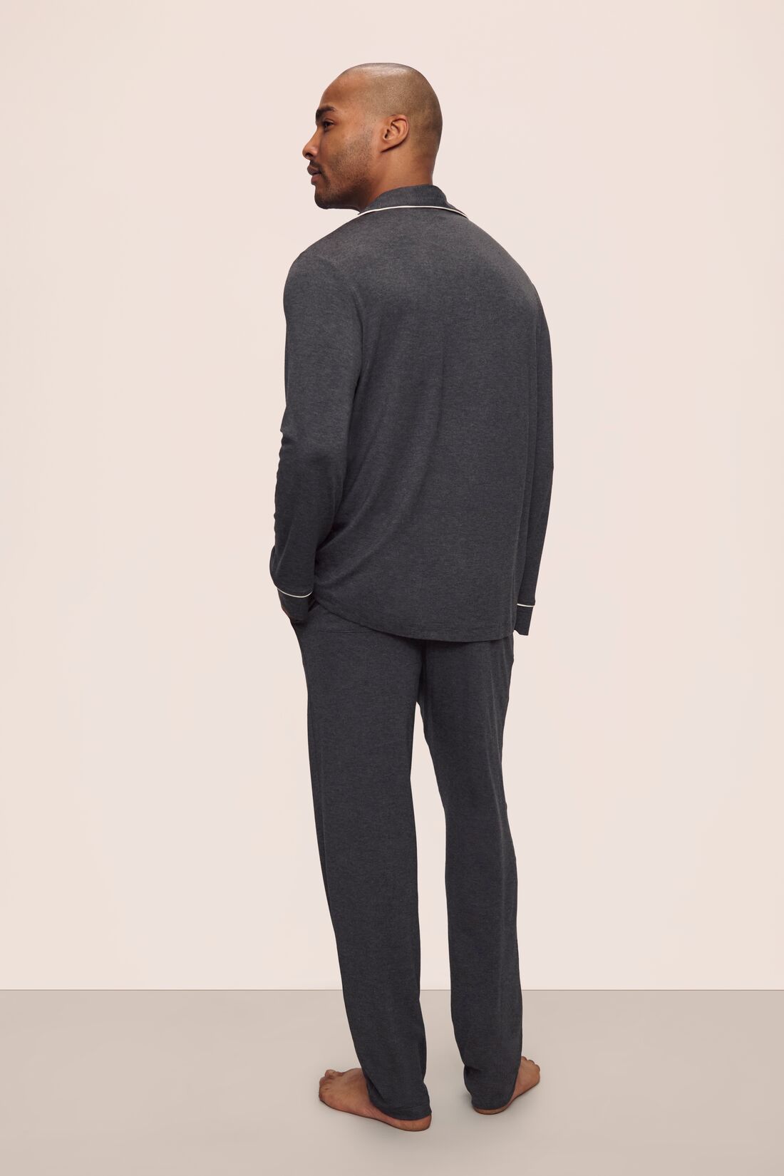 Model is wearing William TENCEL™ Modal Long PJ Set in Charcoal Heather/Ivory