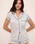 Model wears Gisele Printed TENCEL™ Modal Shortie Short PJ Set in Petite Batik Ivory/Denim Blue.