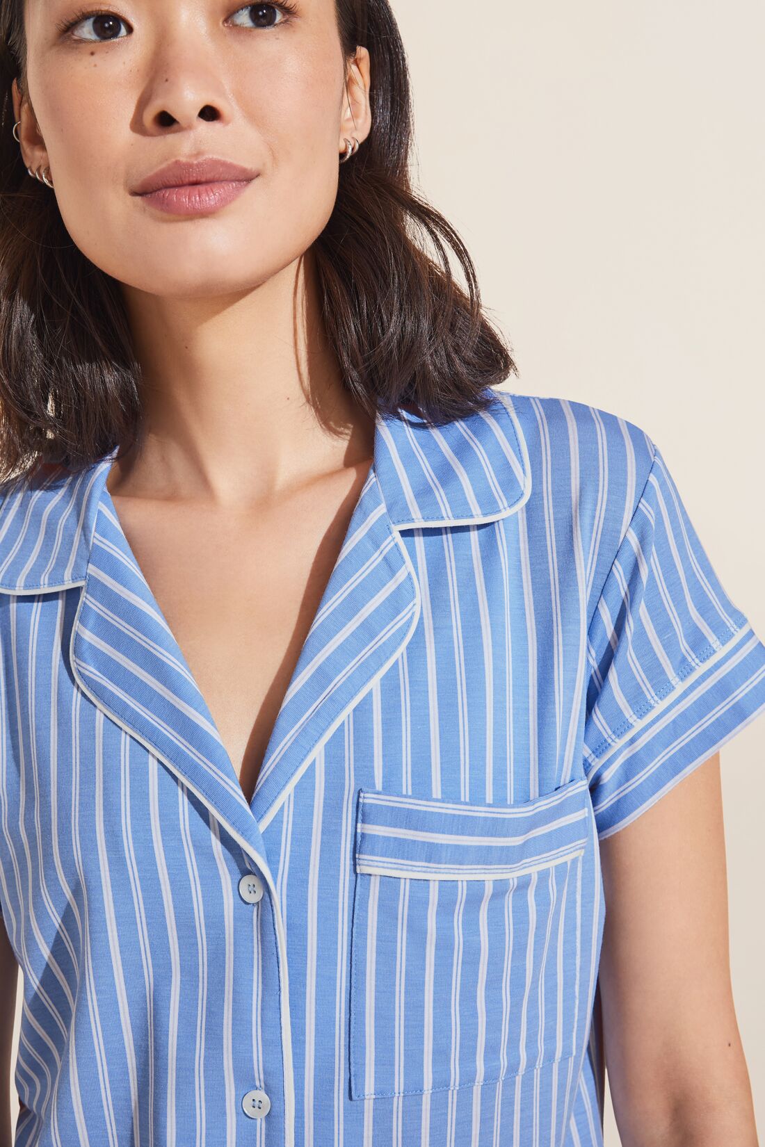 Model wears Gisele Printed TENCEL™ Modal Shortie Short PJ Set in Nordic Stripes Vista Blue/Ivory.