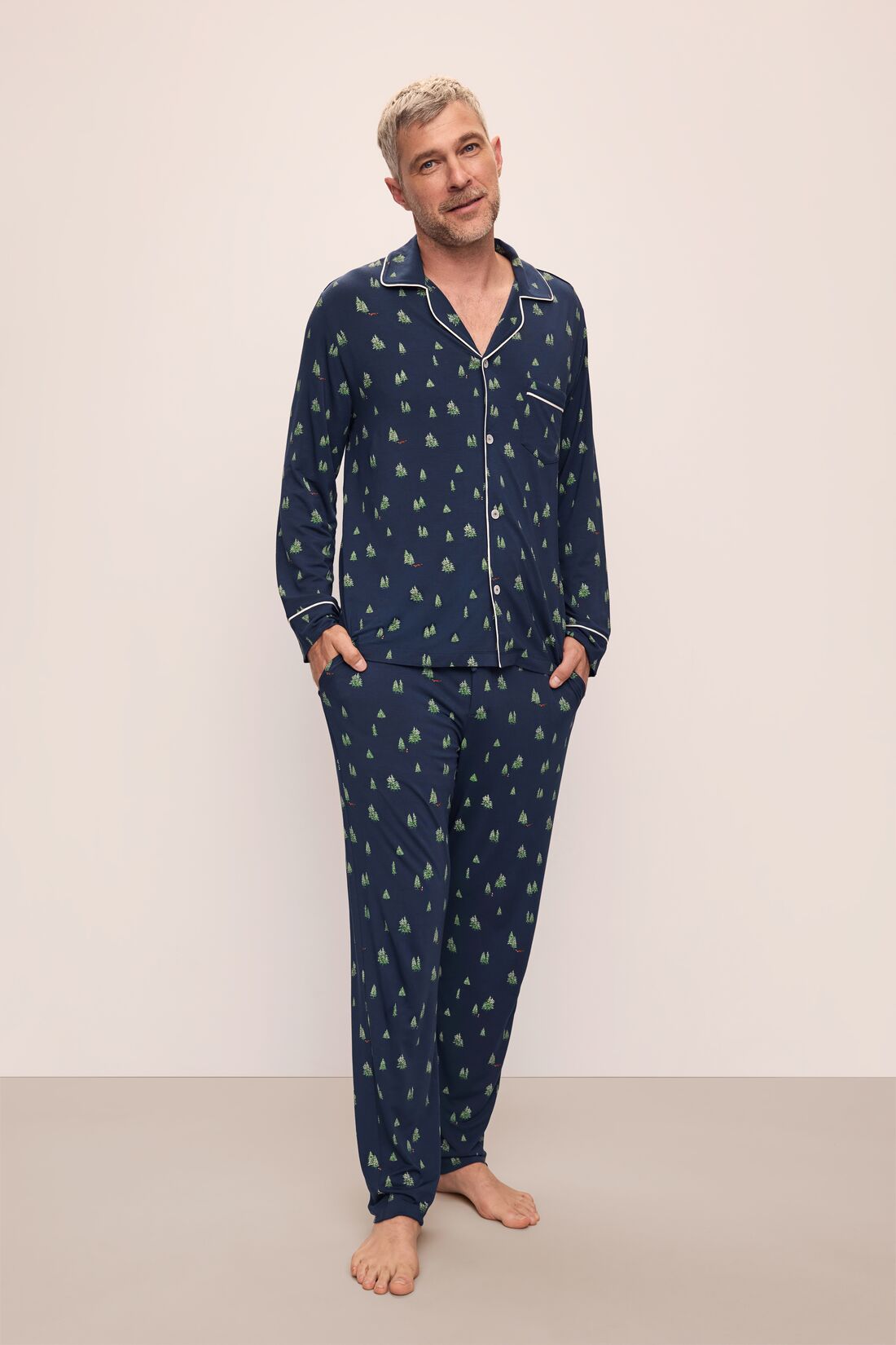 Model wears William Printed TENCEL™ Modal Long PJ Set in Woodland Pine Navy/Ivory.