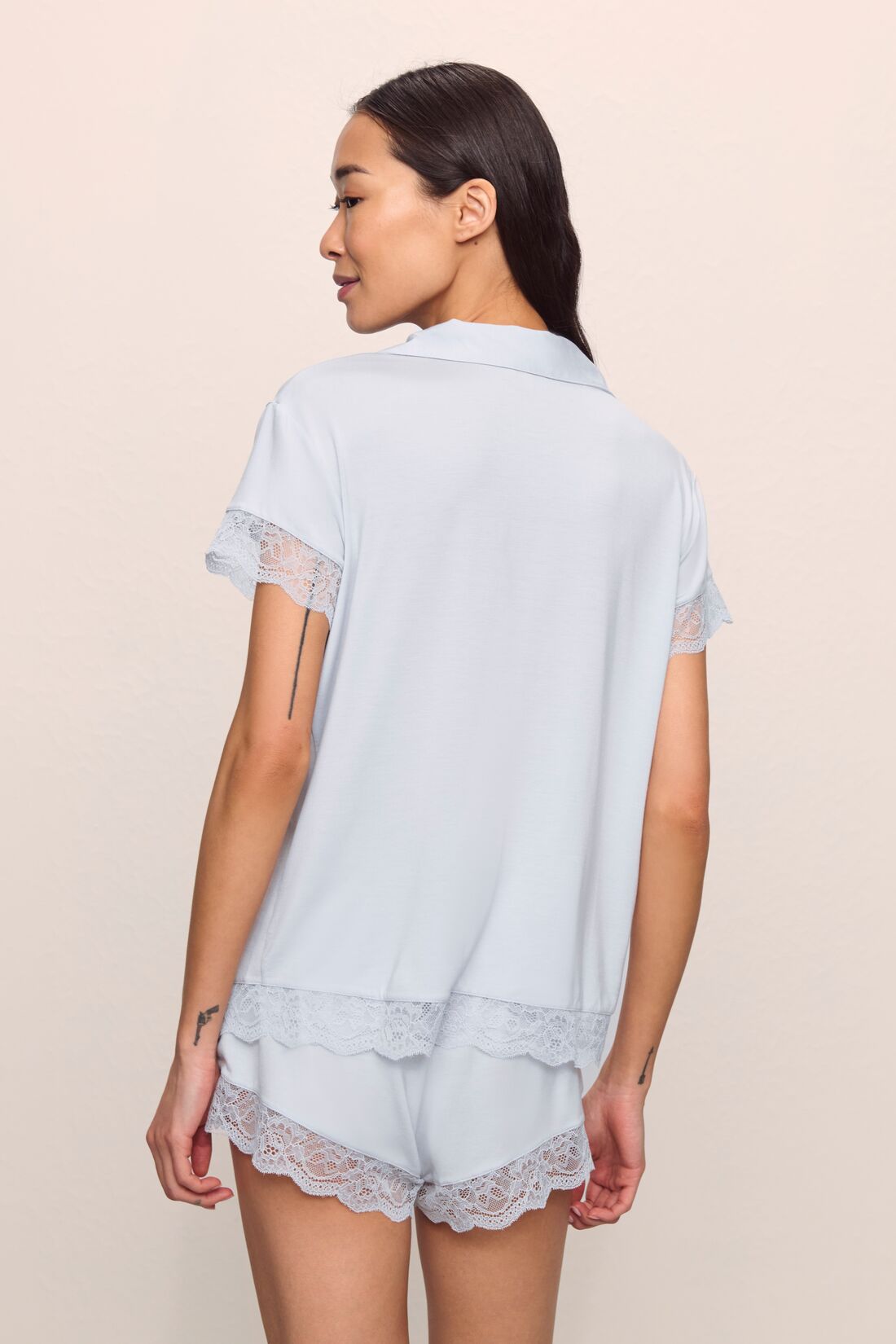 Model is wearing Malou TENCEL™ Modal Shortie Short PJ Set in Ice Blue