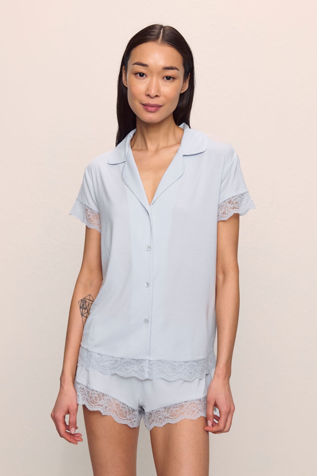 Model is wearing Malou TENCEL™ Modal Shortie Short PJ Set in Ice Blue
