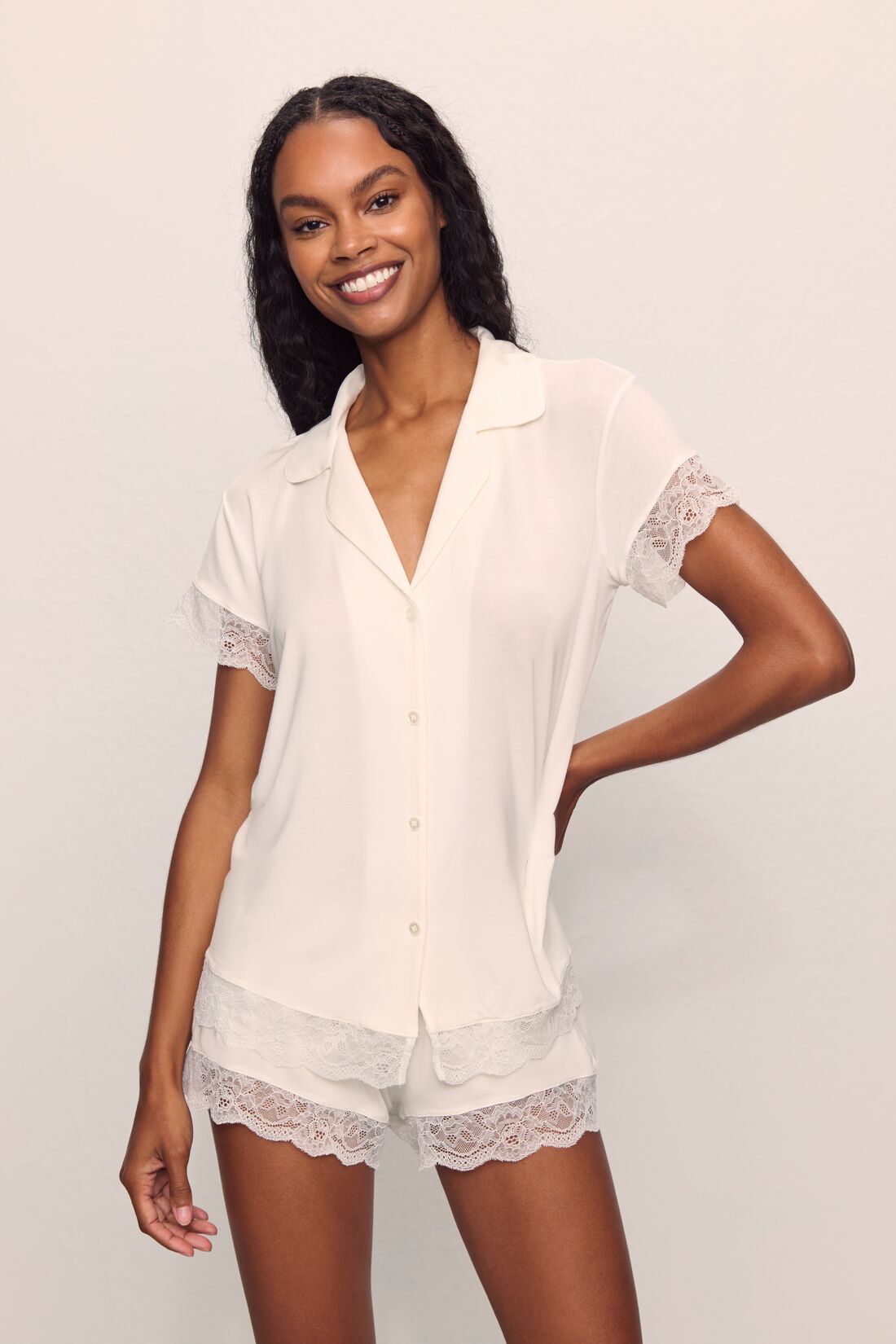 Model is wearing Malou TENCEL™ Modal Shortie Short PJ Set in Ivory