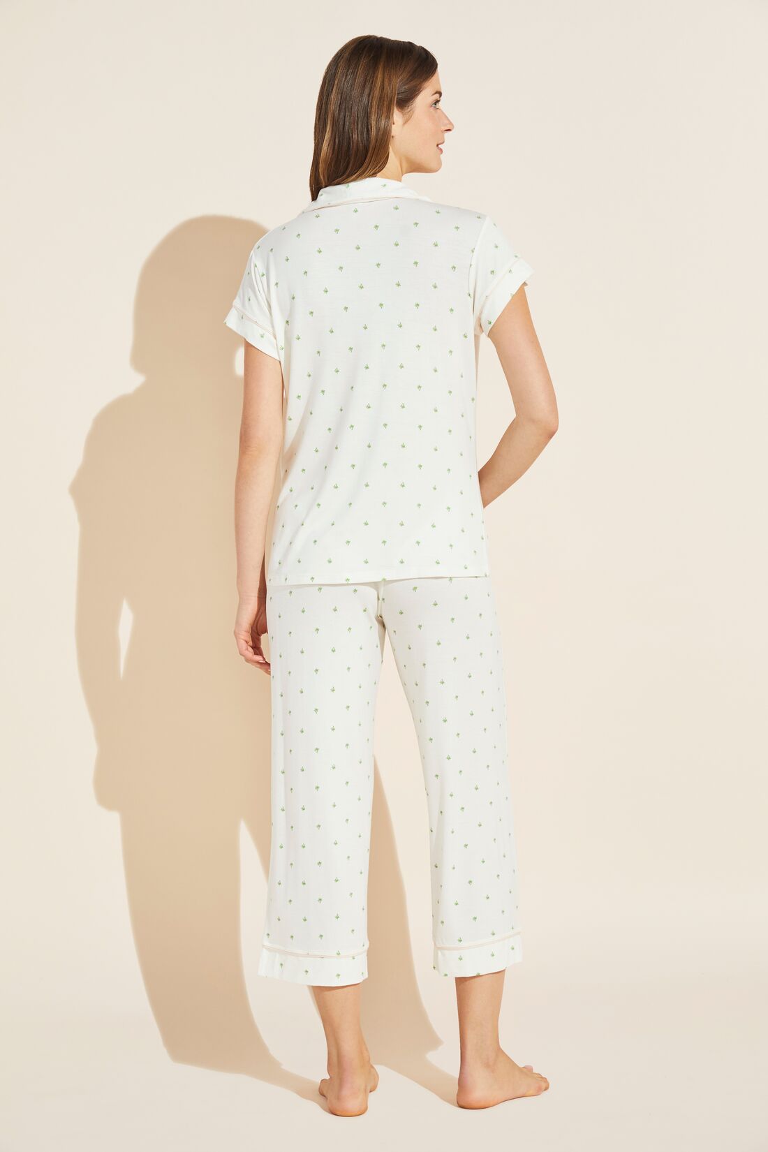 Model wears Gisele Printed TENCEL™ Modal Short Sleeve Cropped PJ Set in Palm/Bellini.