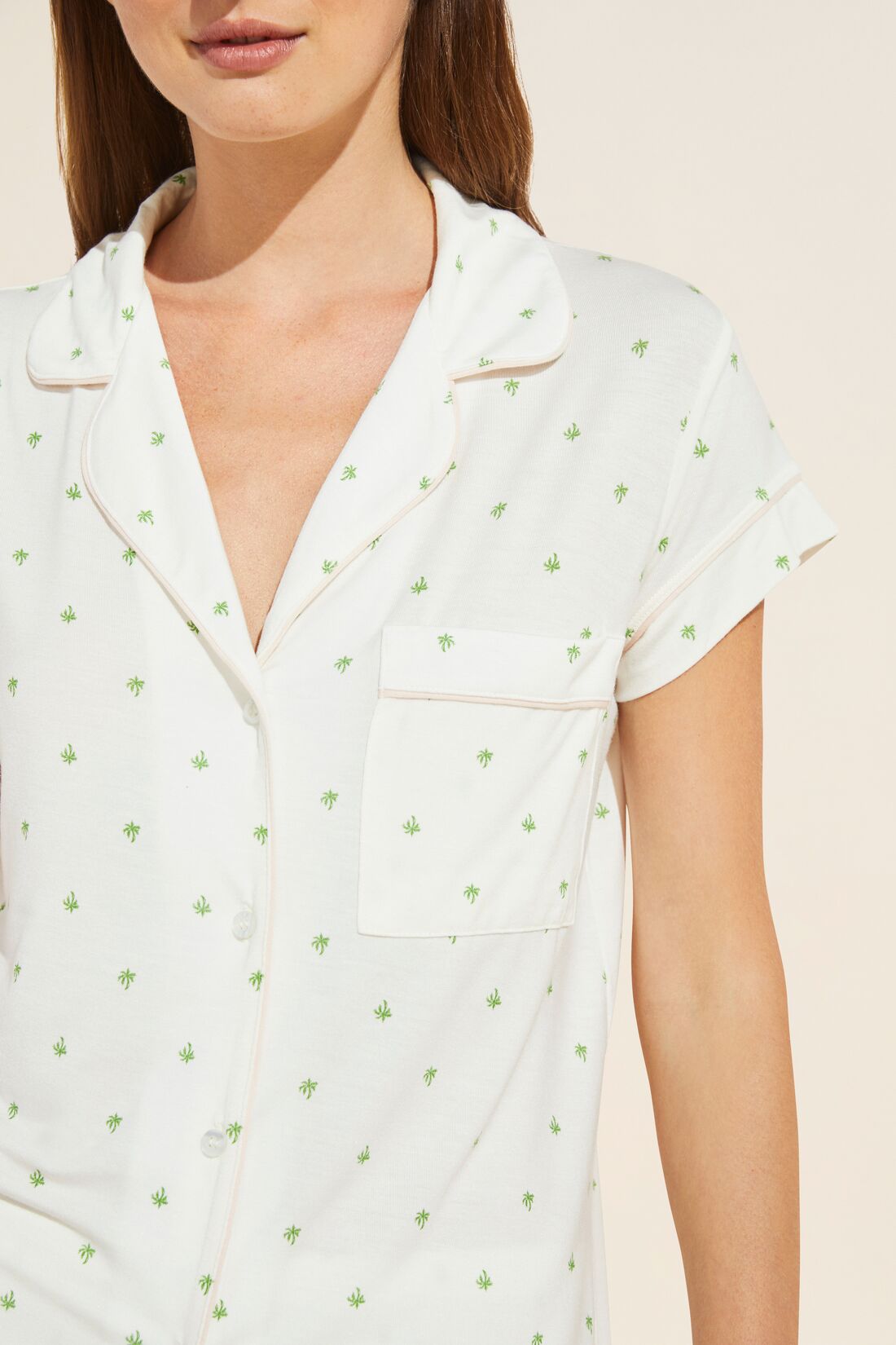 Model wears Gisele Printed TENCEL™ Modal Short Sleeve Cropped PJ Set in Palm/Bellini. 