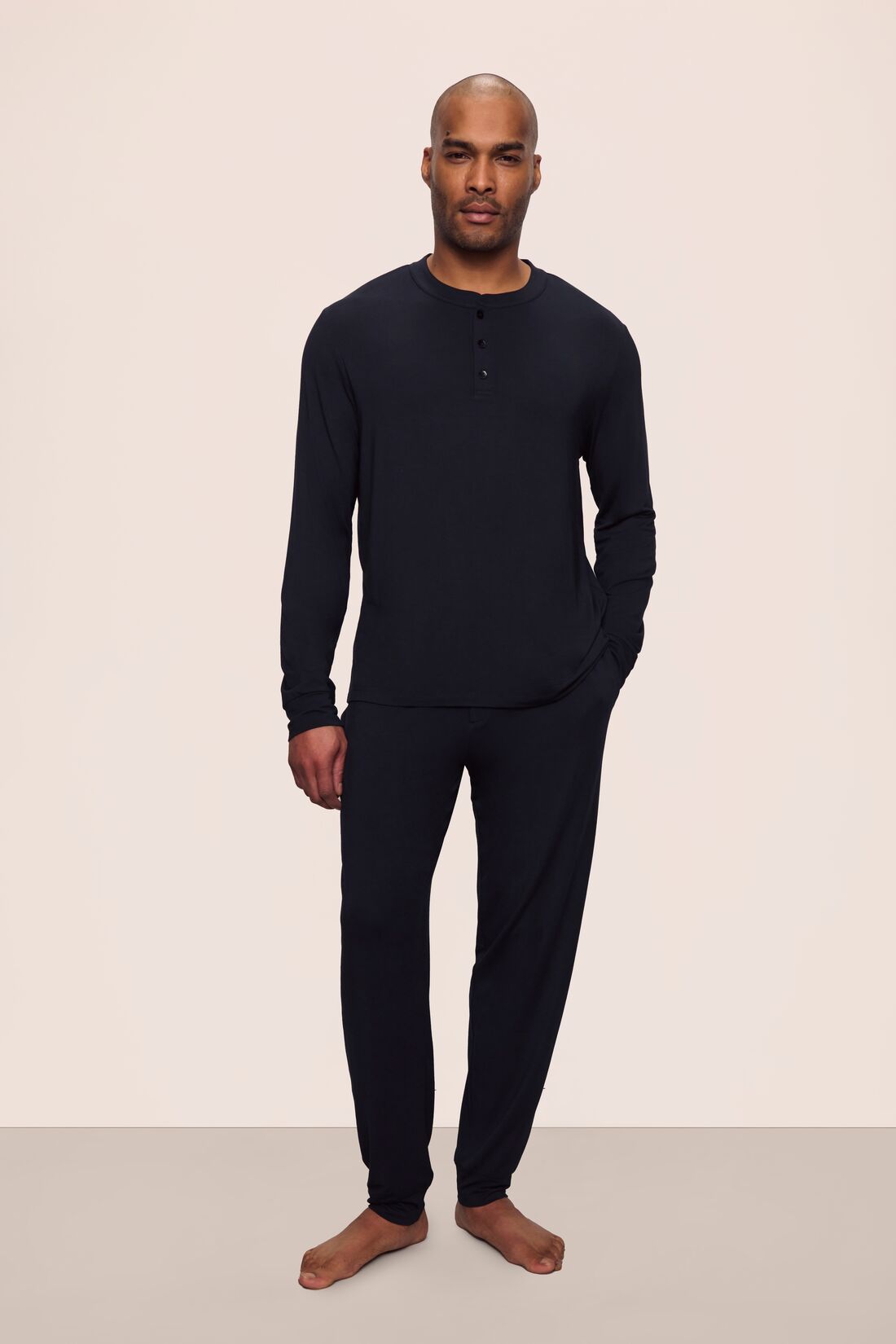 Model is wearing Henry TENCEL™ Modal Long PJ Set in Black
