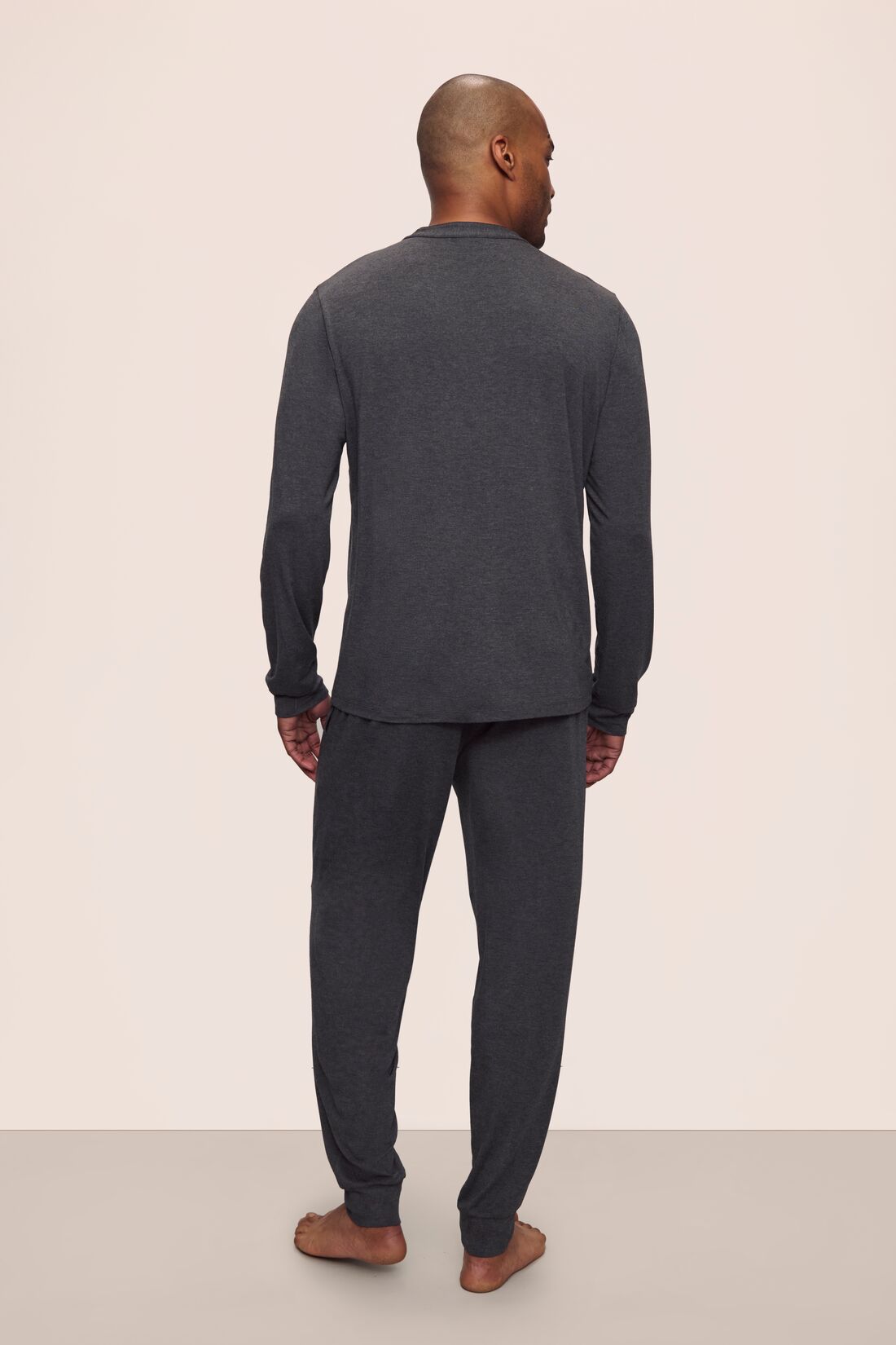 Model is wearing Henry TENCEL™ Modal Long PJ Set in Charcoal Heather