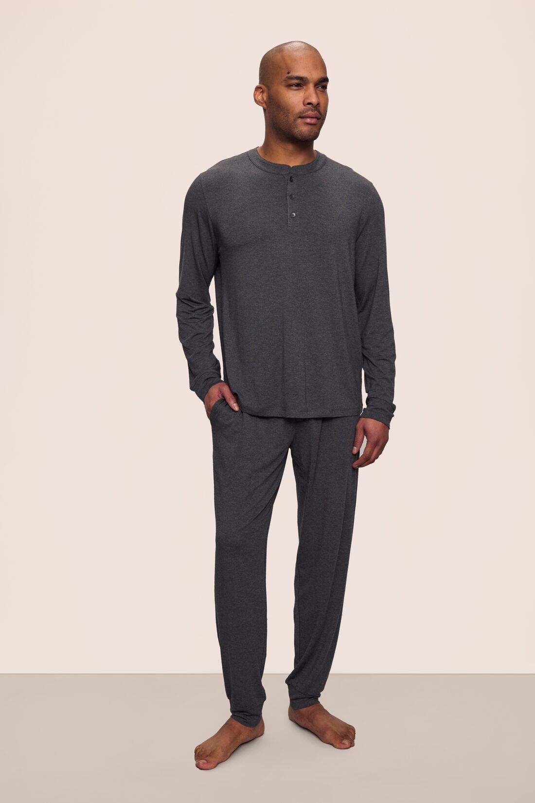 Model is wearing Henry TENCEL™ Modal Long PJ Set in Charcoal Heather