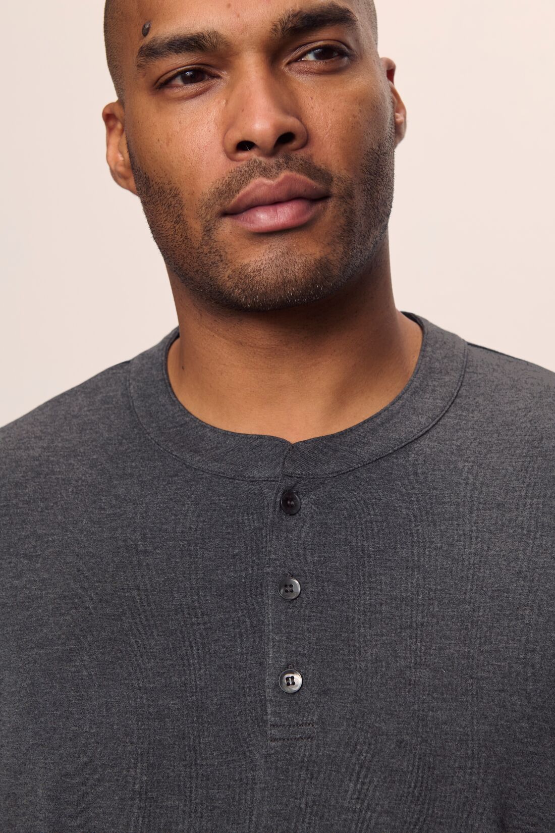 Model is wearing Henry TENCEL™ Modal Long PJ Set in Charcoal Heather