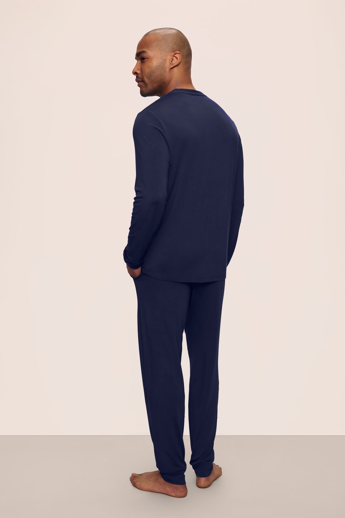 Model is wearing Henry TENCEL™ Modal Long PJ Set in Navy