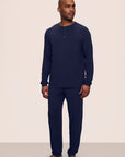 Model is wearing Henry TENCEL™ Modal Long PJ Set in Navy