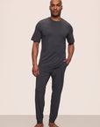 Model is wearing Henry TENCEL™ Modal Short Sleeve & Pant PJ Set in Charcoal Heather