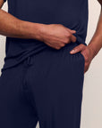 Model is wearing Henry TENCEL™ Modal Long PJ Set in Navy