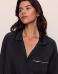 Model is wearing Inez Washable Silk Long PJ Set in Black/Champagne