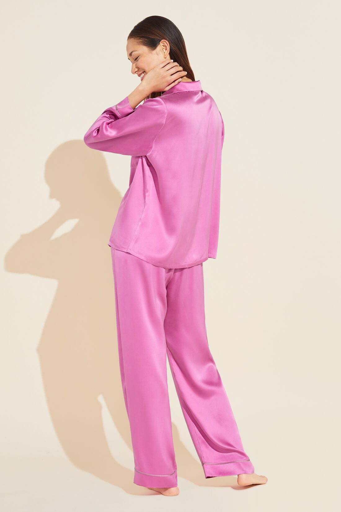 Model wears Inez Washable Silk Long PJ Set in Italian Rose/Foxglove.