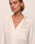 Model is wearing Inez Washable Silk Long PJ Set in Ivory/Champagne