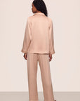 Model is wearing Inez Washable Silk Long PJ Set in Rose Cloud/Champagne