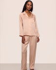 Model is wearing Inez Washable Silk Long PJ Set in Rose Cloud/Champagne