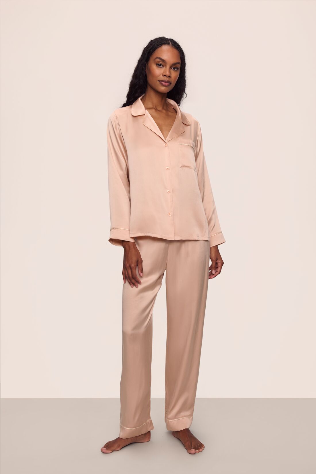 Model is wearing Inez Washable Silk Long PJ Set in Rose Cloud/Champagne