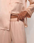 Model is wearing Inez Washable Silk Long PJ Set in Rose Cloud/Champagne