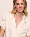 Model is wearing Inez Washable Silk Short PJ Set in Ivory/Champagne