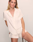 Model is wearing Inez Washable Silk Short PJ Set in Ivory/Champagne