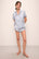 Model wears Inez Washable Silk Printed Short PJ Set in Malachite Wedgewood Blue/Ivory.