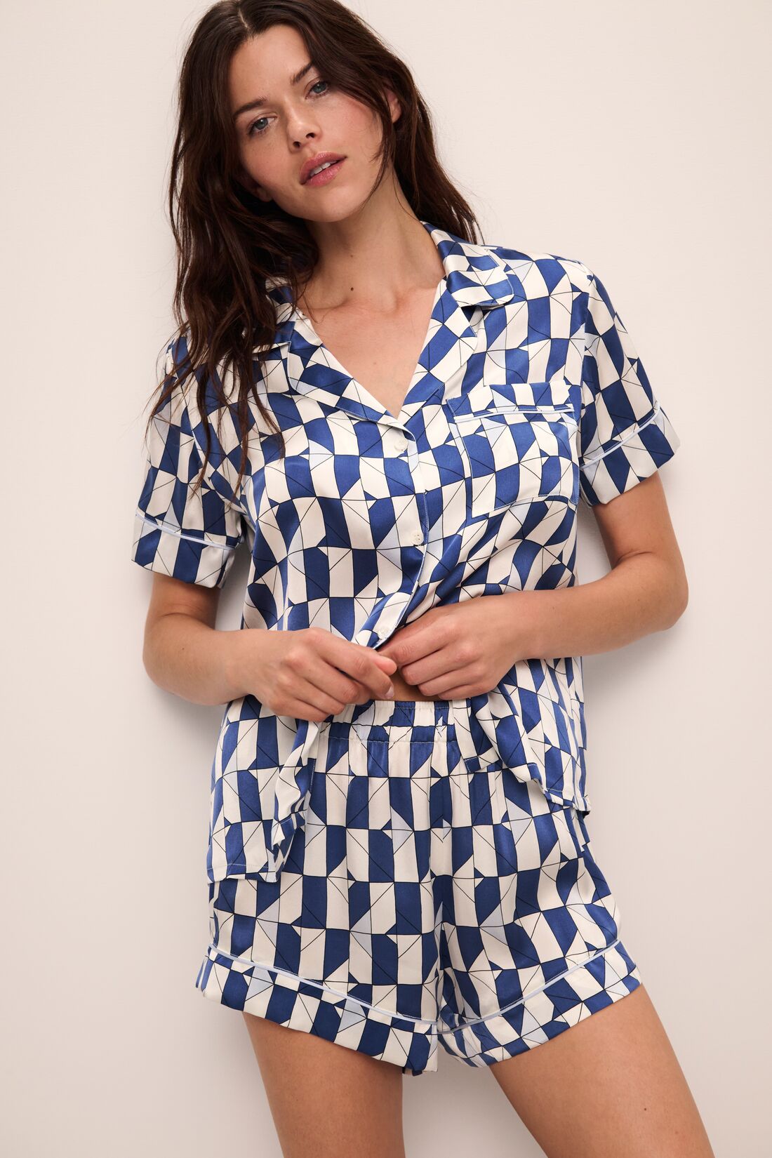 Model wears Inez Washable Silk Printed Short PJ Set in Mosaic Tile Denim Blue/Powder Blue.
