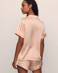 Model is wearing Inez Washable Silk Short PJ Set in Rose Cloud/Champagne