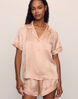 Model is wearing Inez Washable Silk Short PJ Set in Rose Cloud/Champagne