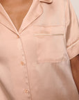 Model is wearing Inez Washable Silk Short PJ Set in Rose Cloud/Champagne