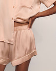 Model is wearing Inez Washable Silk Short PJ Set in Rose Cloud/Champagne