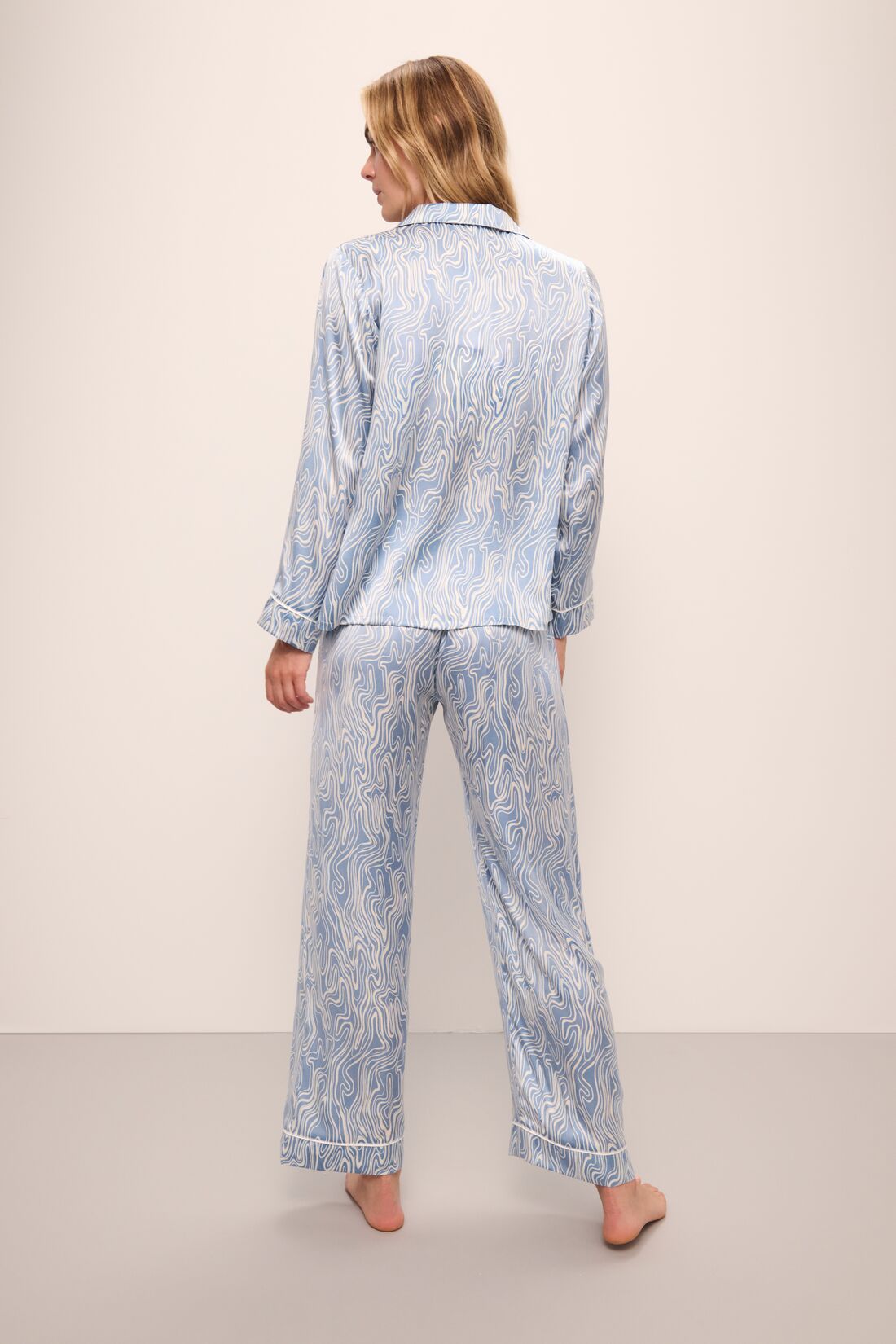 Model wears Inez Washable Silk Printed Long PJ Set in Malachite Wedgewood Blue/Ivory.