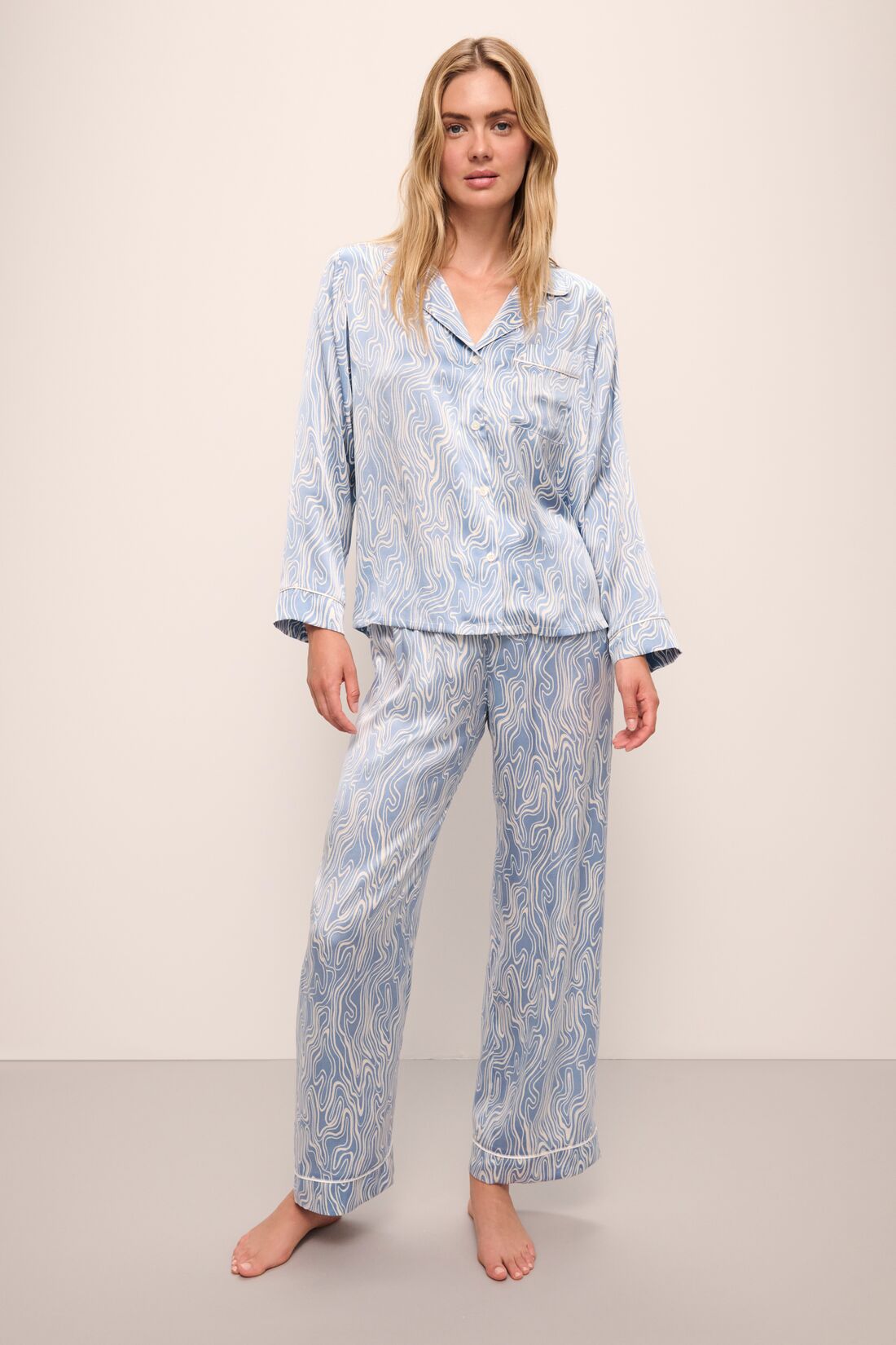 Model wears Inez Washable Silk Printed Long PJ Set in Malachite Wedgewood Blue/Ivory.