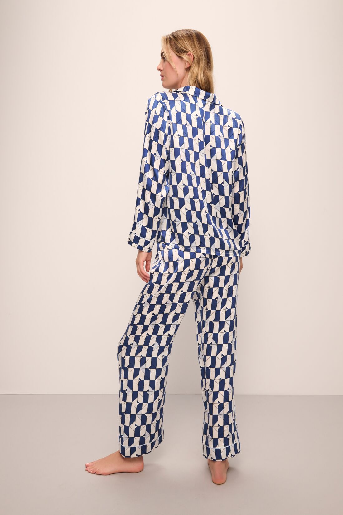 Model wears Inez Washable Silk Printed Long PJ Set in Mosaic Tile Denim/Powder Blue.