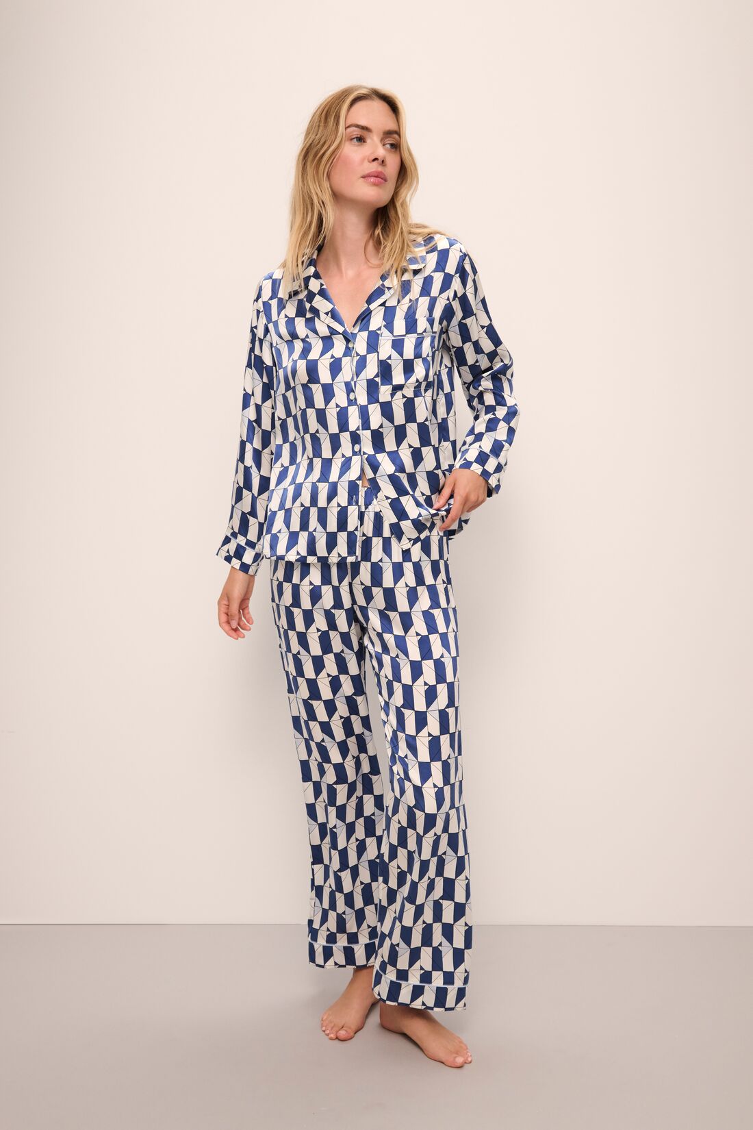 Model wears Inez Washable Silk Printed Long PJ Set in Mosaic Tile Denim/Powder Blue.