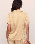 Model is wearing Inez Washable Silk Printed Short PJ Set in Mink Puff/Ivory