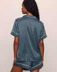 Model is wearing Inez Washable Silk Printed Short Set in Petite batik Navy/Ivory