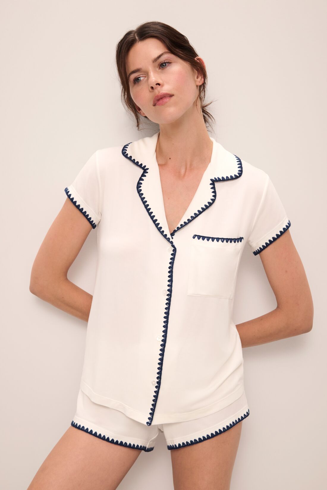Model wears Frida TENCEL™ Modal Shortie Short PJ Set in Ivory/Navy.