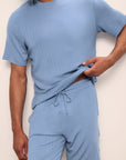 Model wears Henry TENCEL™ Modal Rib Short PJ Set in Wedgewood Blue.