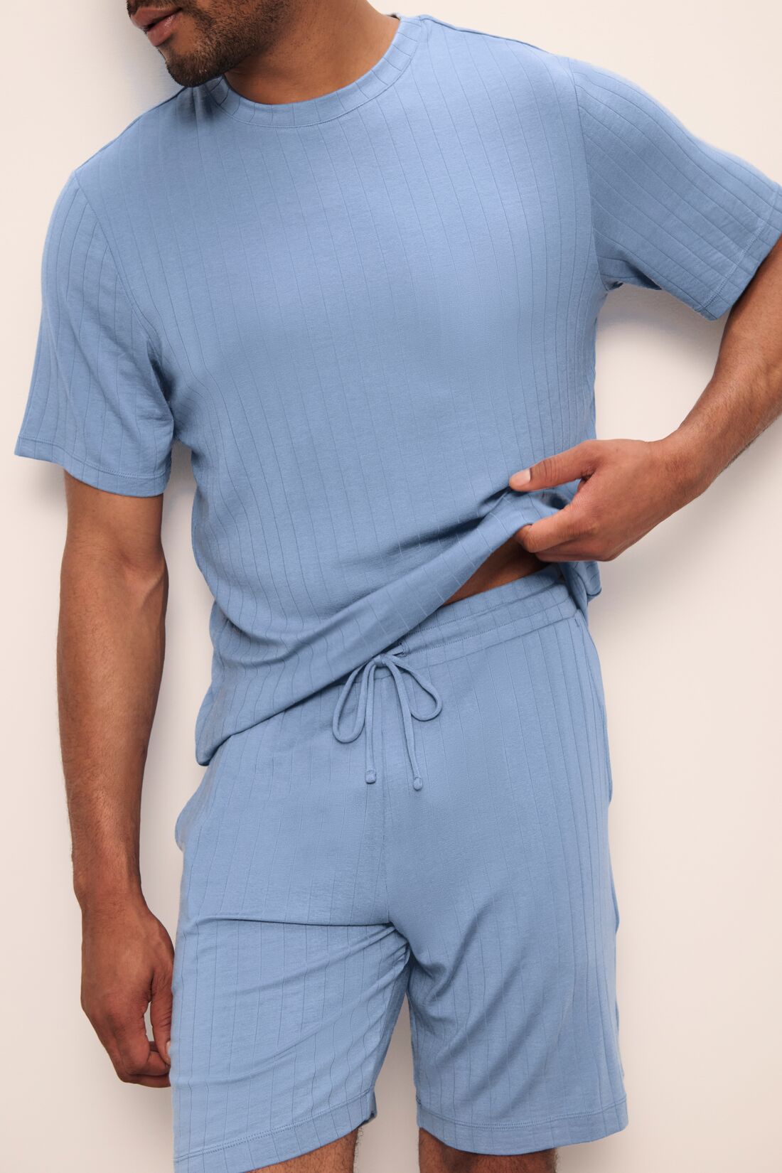 Model wears Henry TENCEL™ Modal Rib Short PJ Set in Wedgewood Blue.