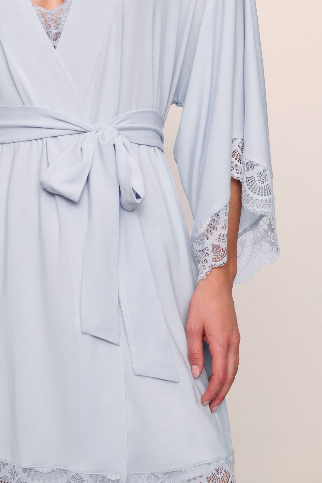 Model wears Mariana TENCEL™ Modal Robe in Ice Blue.