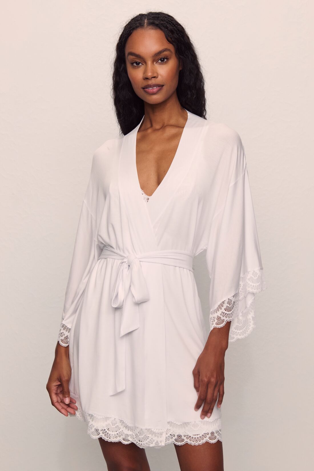 Model wears Mariana TENCEL™ Modal Robe in White.