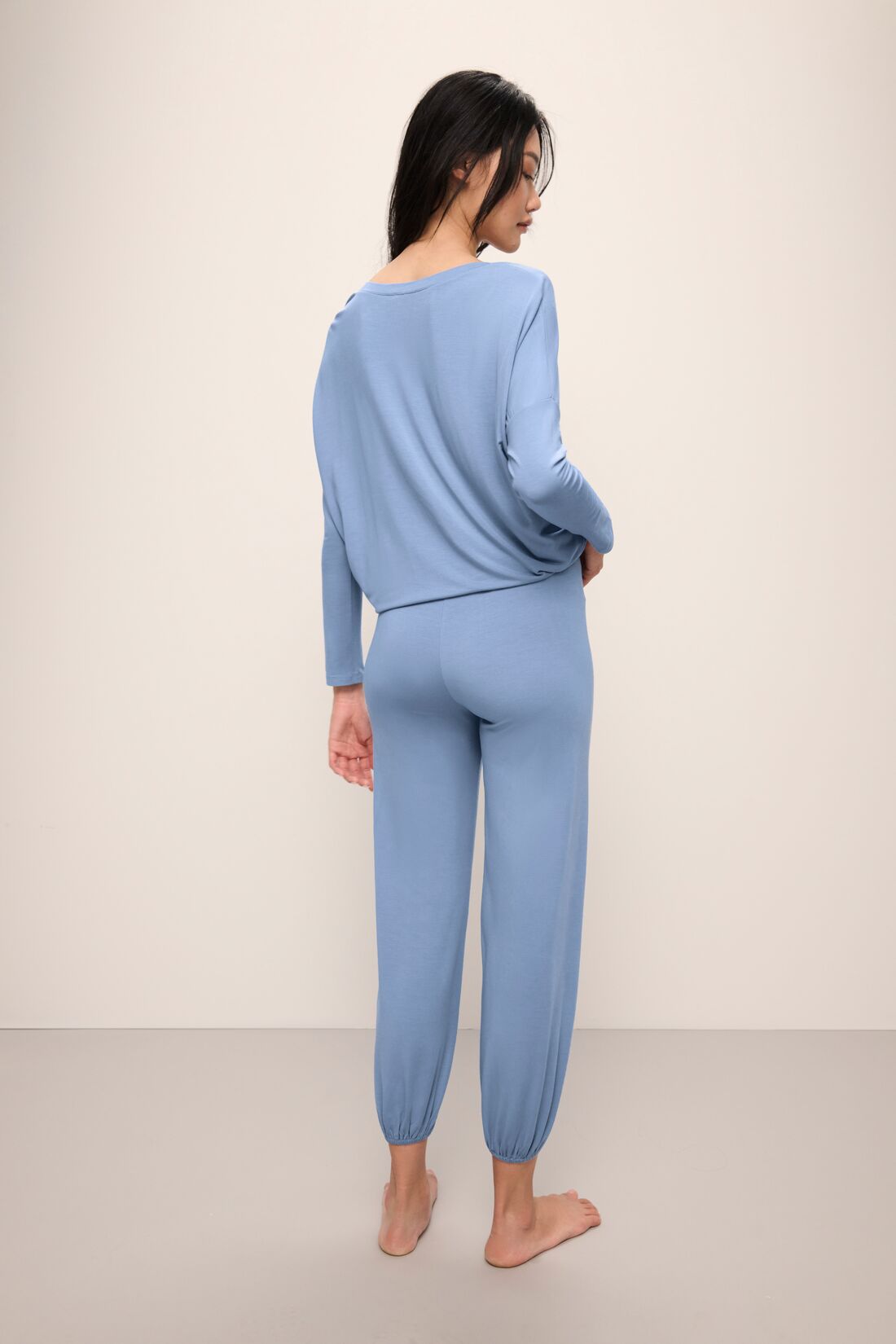 Model wears Gisele TENCEL™ Modal Slouchy PJ Set in wedgewood blue/ivory.