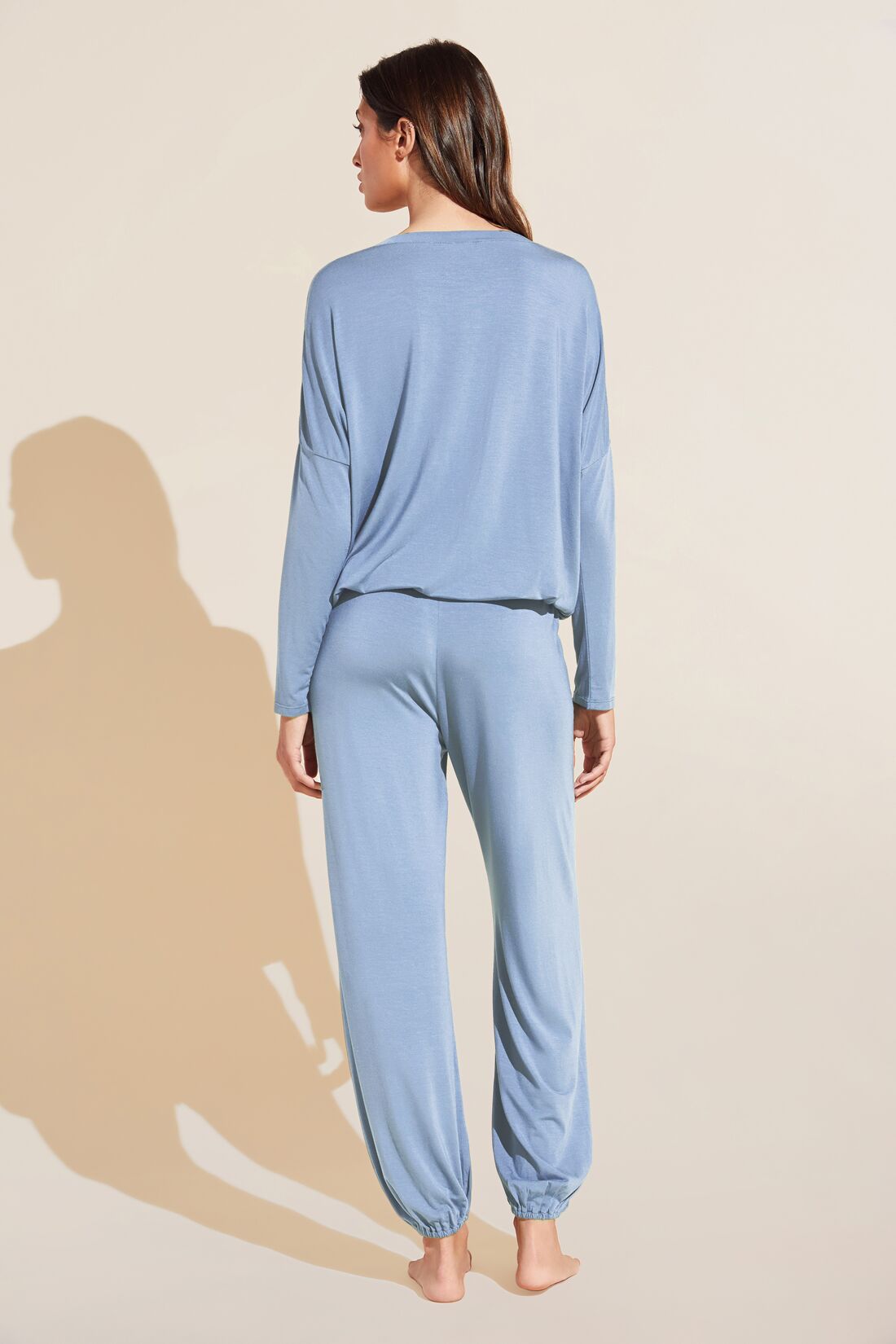Model wears Gisele TENCEL™ Modal Slouchy PJ Set in wedgewood blue/ivory.