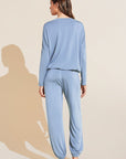 Model wears Gisele TENCEL™ Modal Slouchy PJ Set in wedgewood blue/ivory.