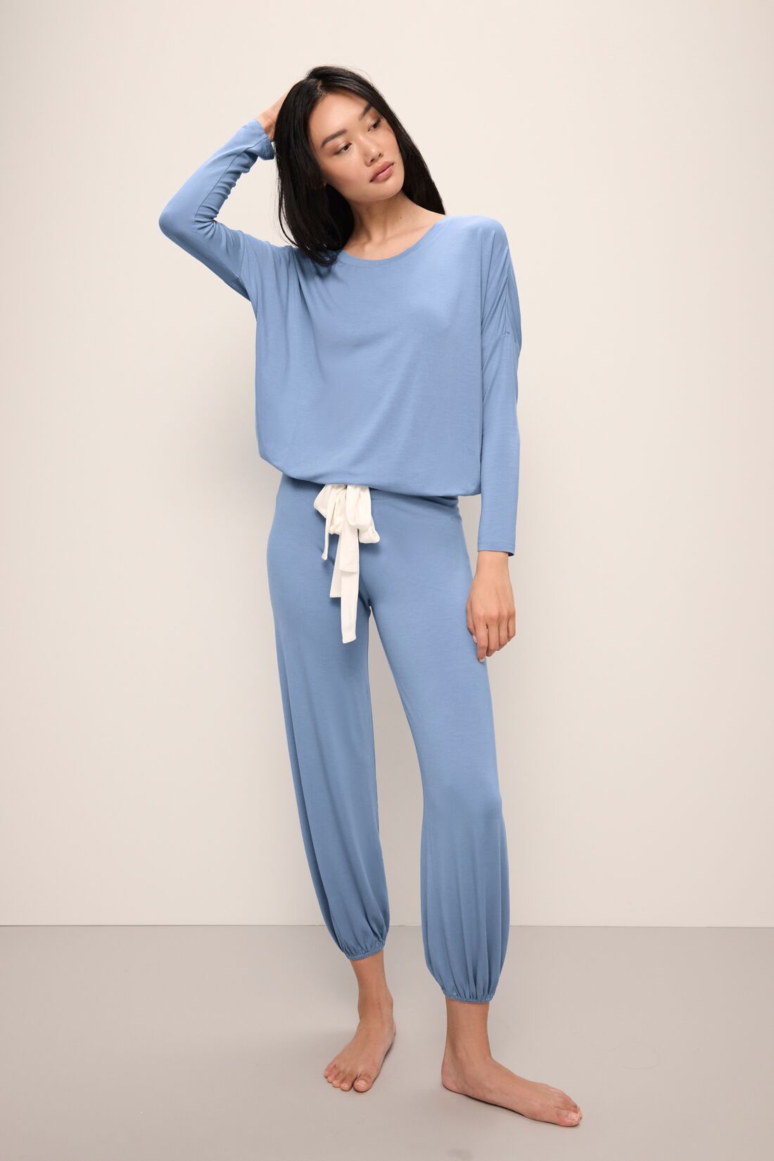Model wears Gisele TENCEL™ Modal Slouchy PJ Set in wedgewood blue/ivory.