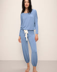 Model wears Gisele TENCEL™ Modal Slouchy PJ Set in wedgewood blue/ivory.