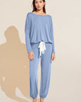 Model wears Gisele TENCEL™ Modal Slouchy PJ Set in wedgewood blue/ivory.