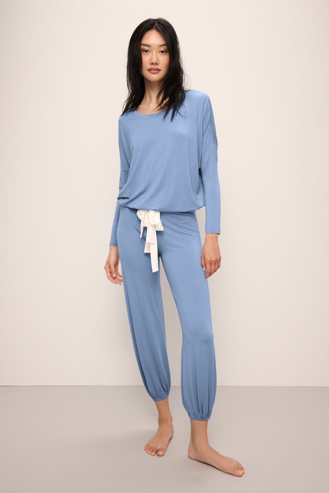 Model wears Gisele TENCEL™ Modal Slouchy PJ Set in wedgewood blue/ivory.
